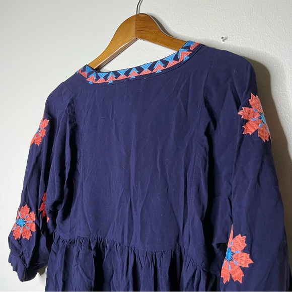 Umgee Embroidered Deep Blue Tunic Shift Dress S Floral 3/4 Sleeve Tassels - Picture 11 of 12